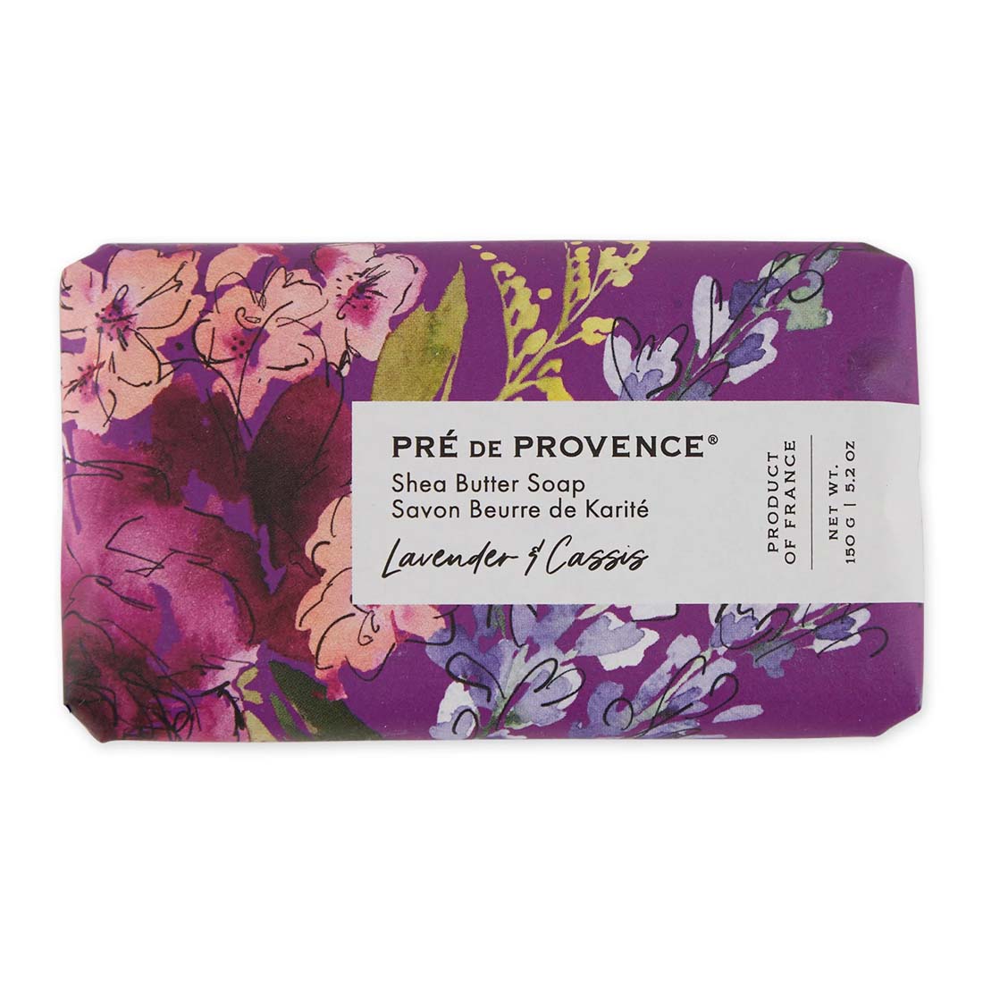 Pre de Provence lavender and cassis soap bar with floral design on a white background