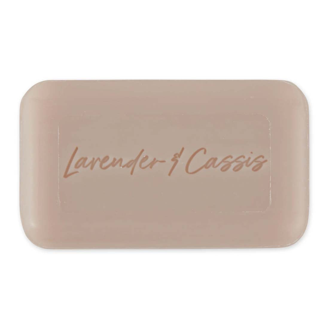 Pre de Provence lavender and cassis soap bar with floral design on a white background