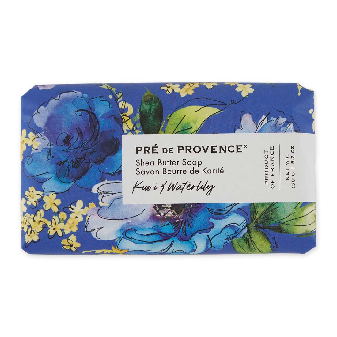 Pre de Provence soap bar with floral design on a blue background