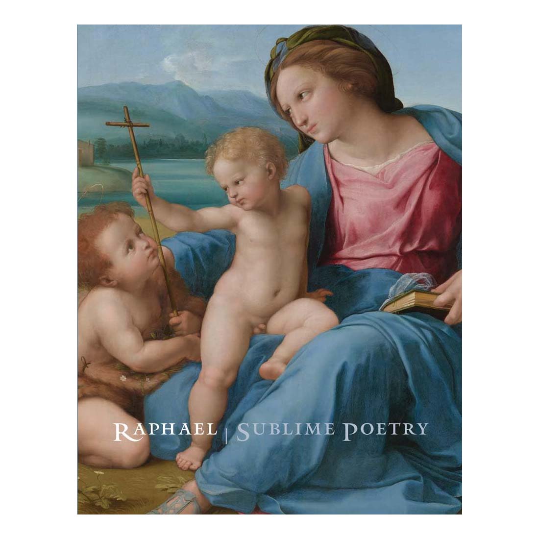 Artistic depiction of a mother and two children with a cross, set against a landscape.