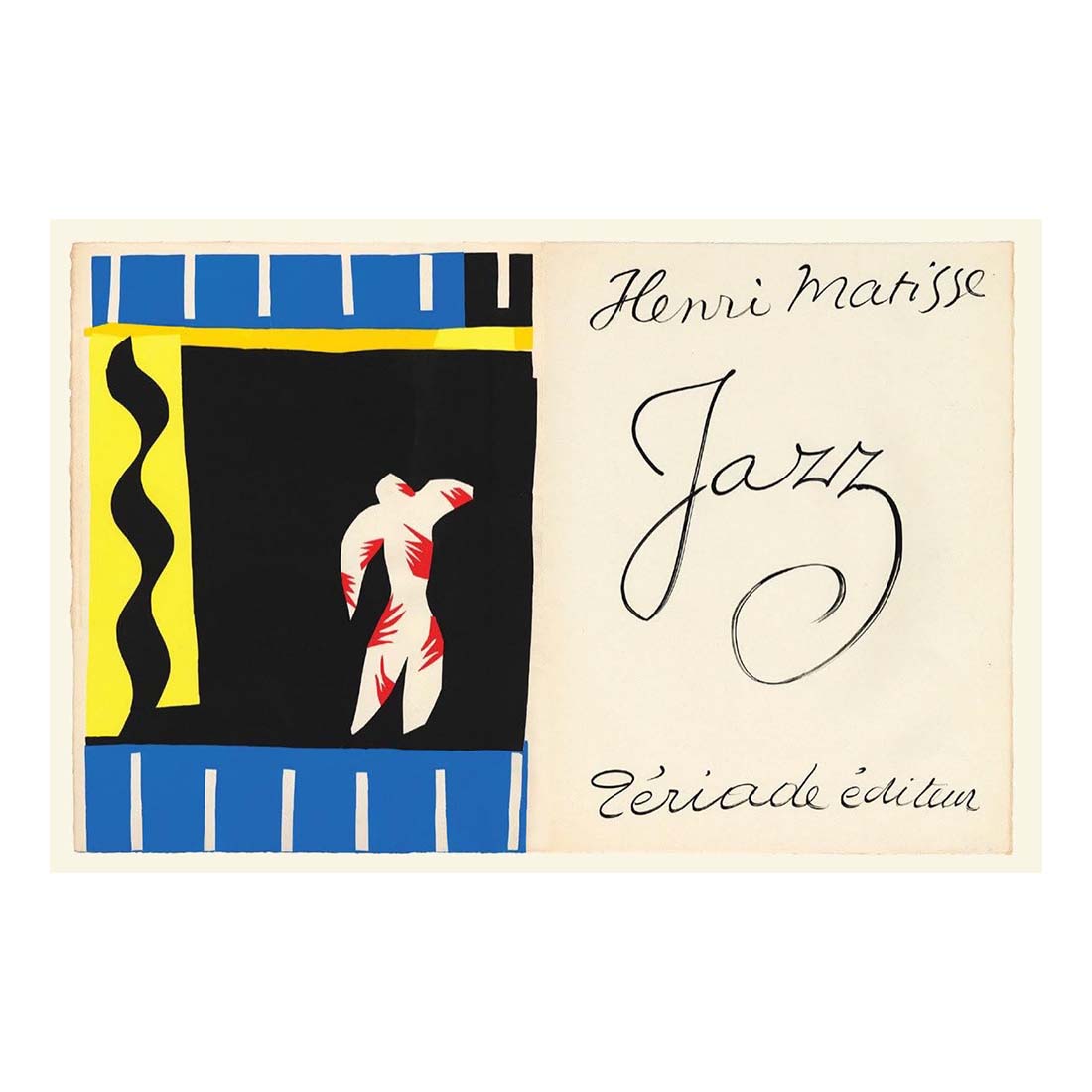 Cover of Henri Matisse's book 'Jazz', featuring a cut-out style design with bold black, blue, and yellow shapes, and the title and author's signature in bold.