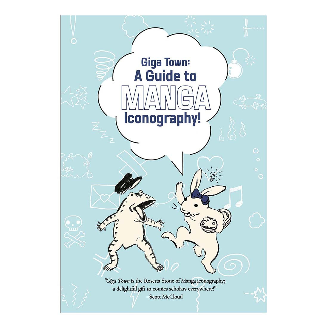 Book cover of 'Giga Town: A Guide to Manga Iconography' with cartoon characters and text on a light blue background.
