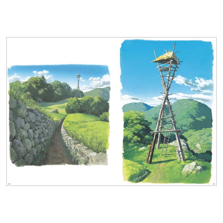 Book cover of 'Painting the Worlds of Studio Ghibli' with a scenic illustration of a lake and mountains.