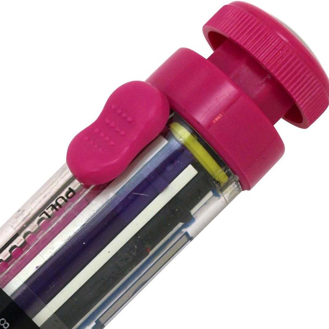 Close-up of a pink plastic container with a razor blade inside on a white background