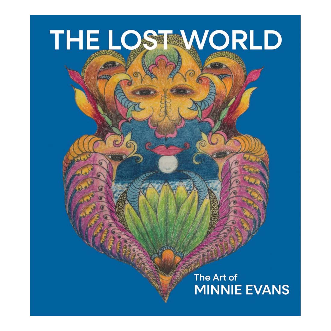 Book cover of 'The Lost World' by Minnie Evans with a colorful face design on a blue background.