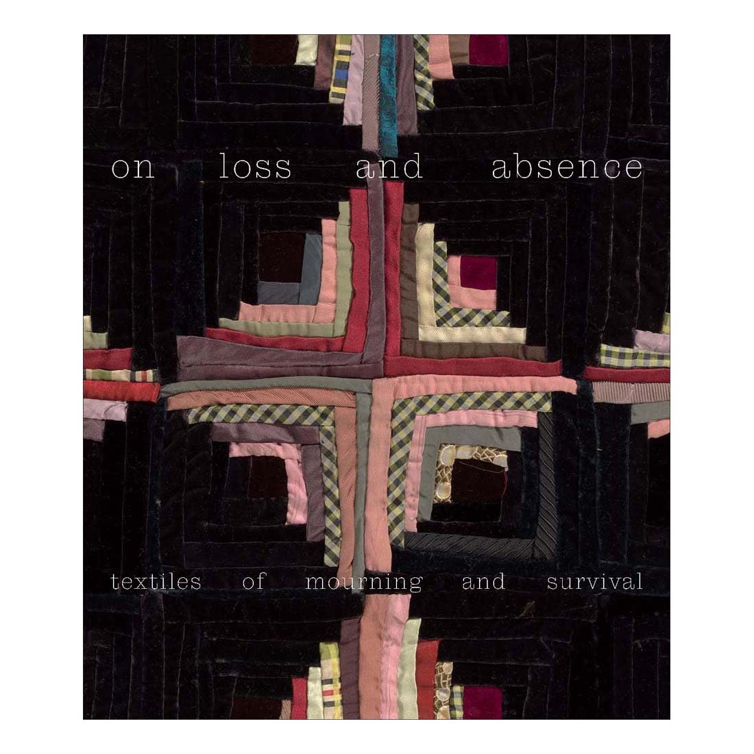 Textile art piece with geometric patterns and text 'on loss and absence' on a dark background