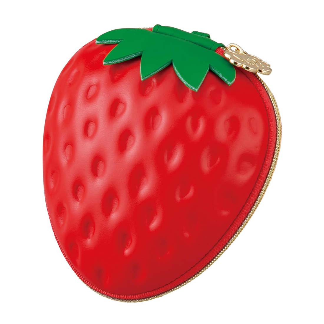 Strawberry-shaped purse with a gold zipper on a white background