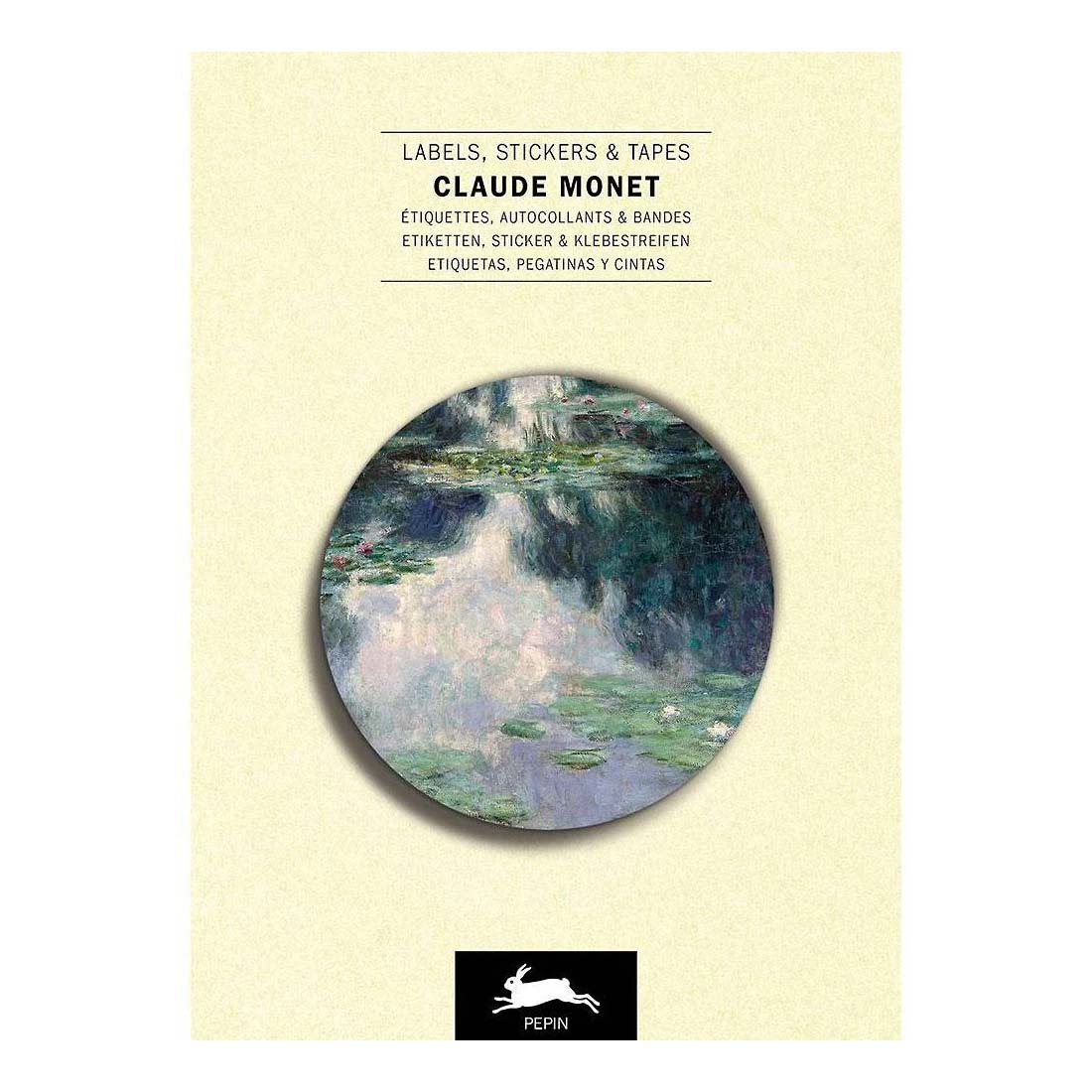 Product packaging for labels, stickers, and tapes by Claude Monet with a circular design of water lilies on a beige background.
