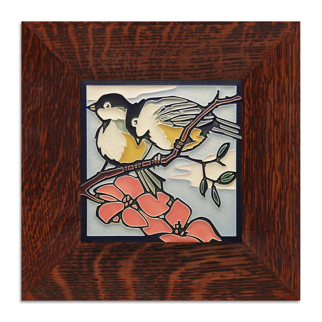 Chickadees Oak Framed Tile