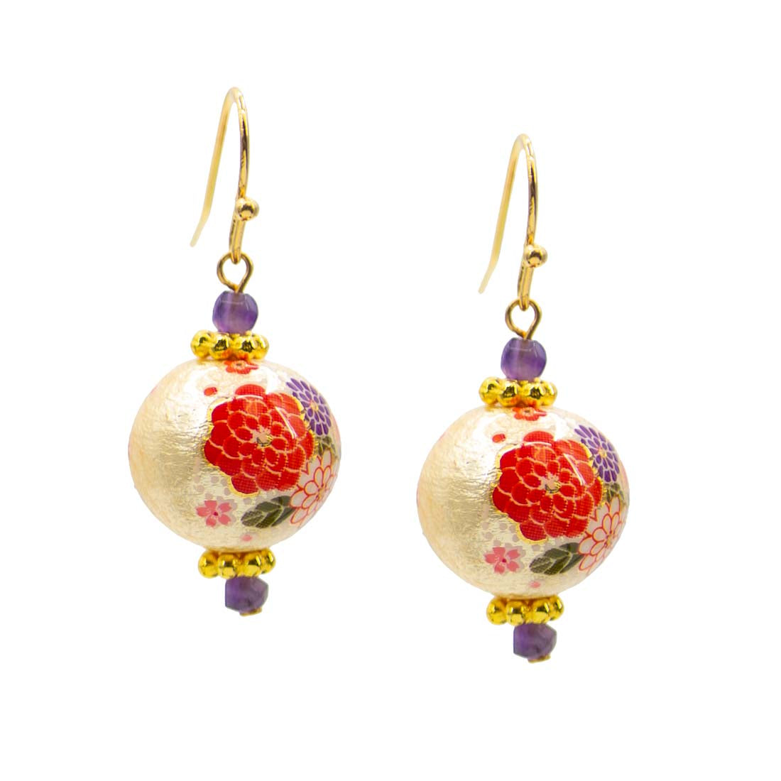Gold Floral with Faceted Amethyst Tensha Bead Earrings