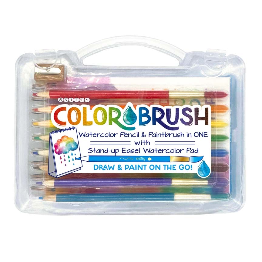 Snappy Colorbrush set with watercolor pencils and paintbrushes in a clear case on a white background