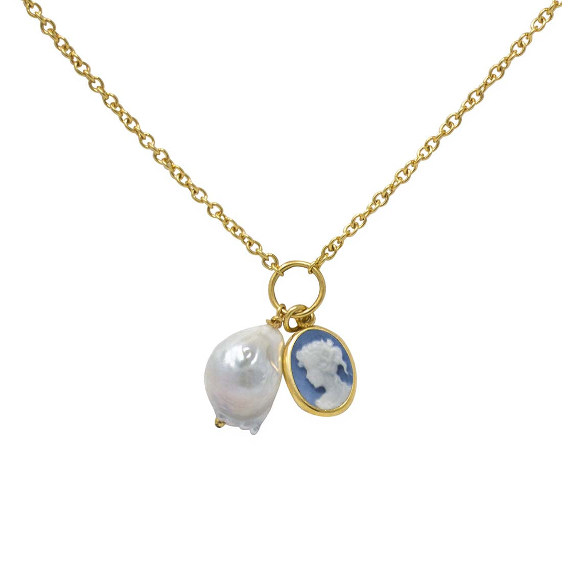 Sky Blue Mini Cameo With A Pearl Necklace