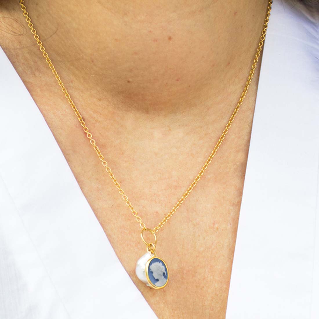 Sky Blue Mini Cameo With A Pearl Necklace