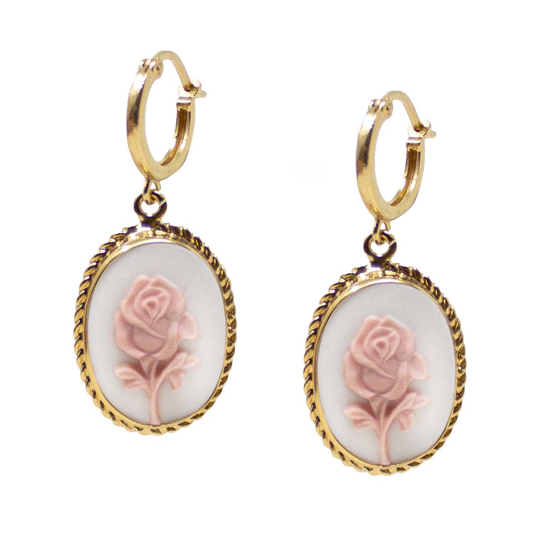 Gold-Plated White Rose Cameo Hoop Earrings