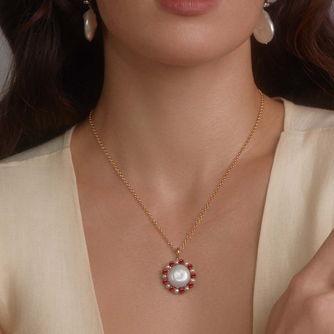 Lotus Gold-Plated Baroque Pearl And Carnelian Necklace