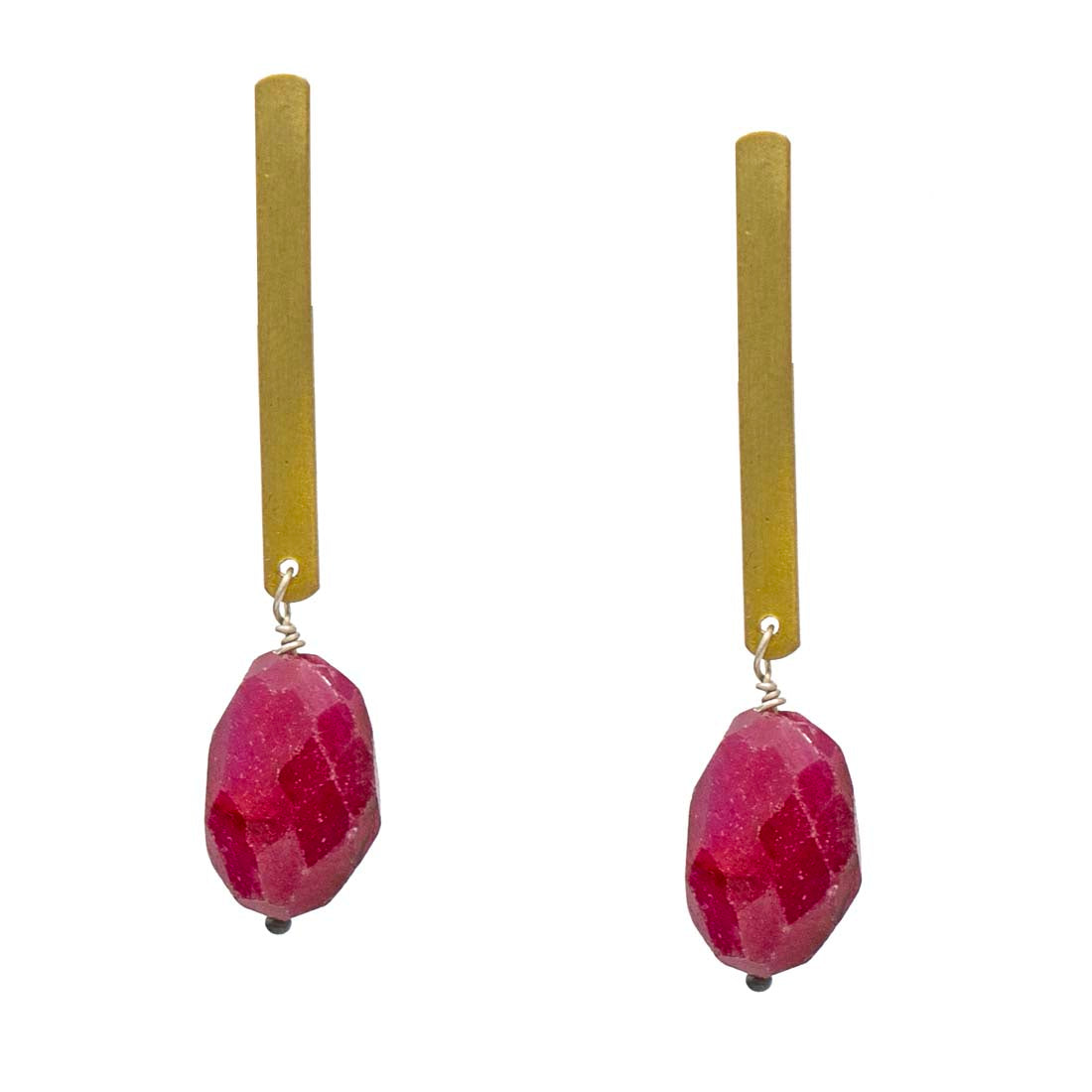 Brass Bar &amp; Ruby Earrings