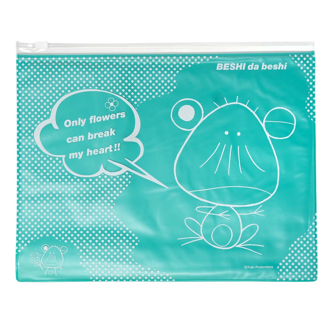 Teal pouch with cartoon character and text on a white background