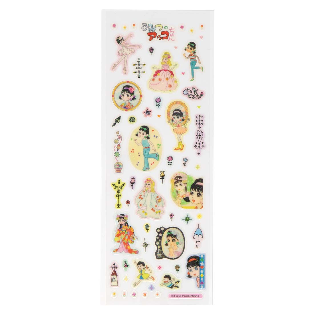Sheet of colorful stickers featuring animated characters on a white background