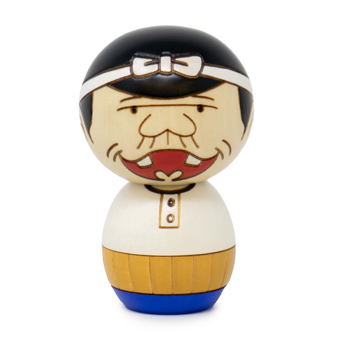 Wooden figurine with a black hat, white bandana, and blue base on a white background