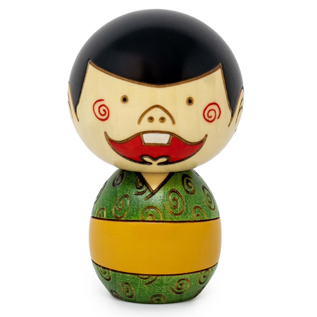 Colorful wooden kokeshi doll with black hair and traditional design on a white background