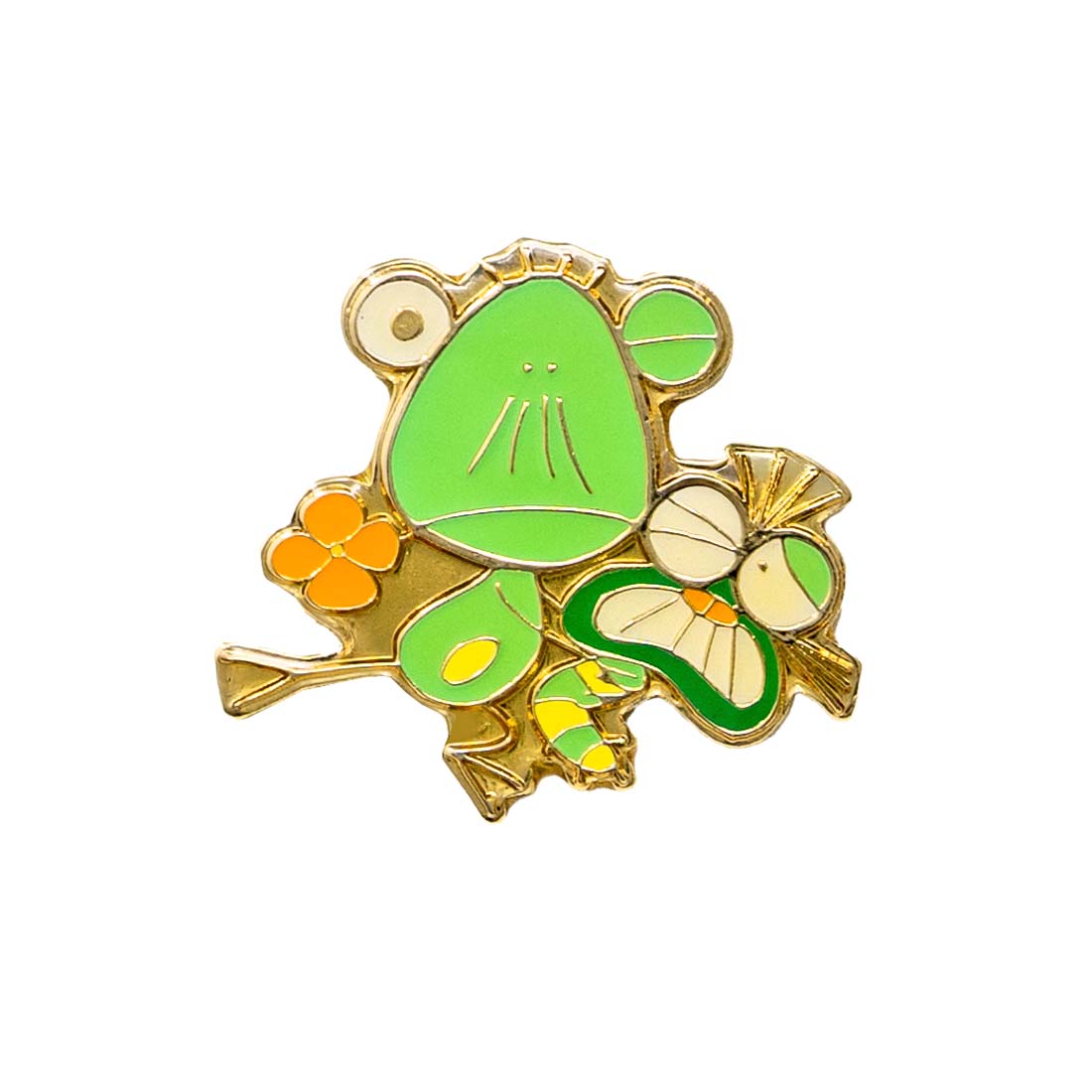 Colorful frog-shaped pin with gold accents on a white background