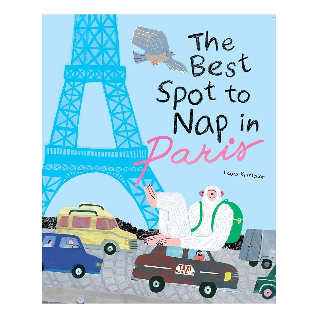 Illustration of a Yeti and a pigeon on a city street with the Eiffel Tower in the background, indicating the setting is Paris. The Best Spot to Nap in Paris