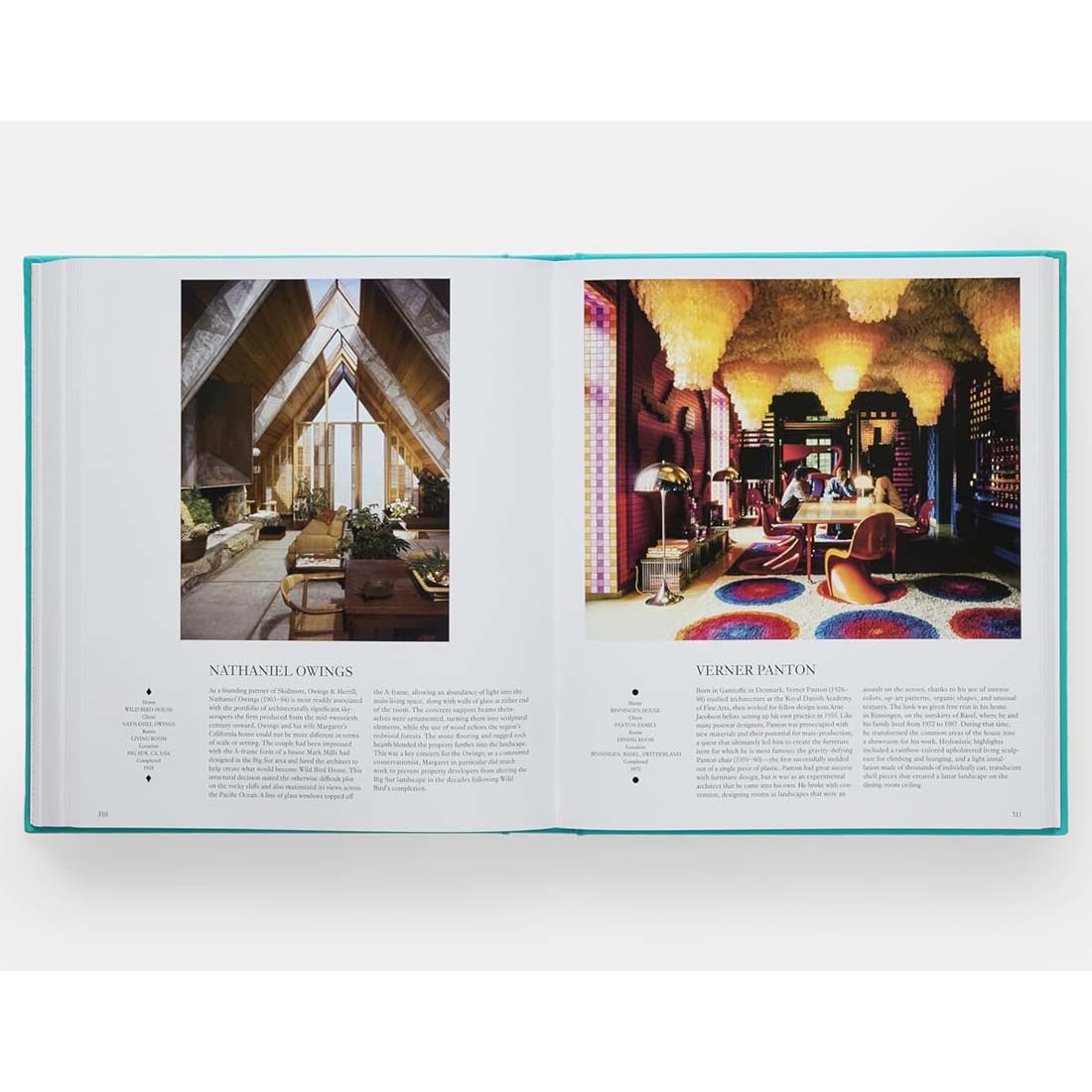 Book titled 'Interiors: The Greatest Rooms of the Century' with a teal cover and gold text.