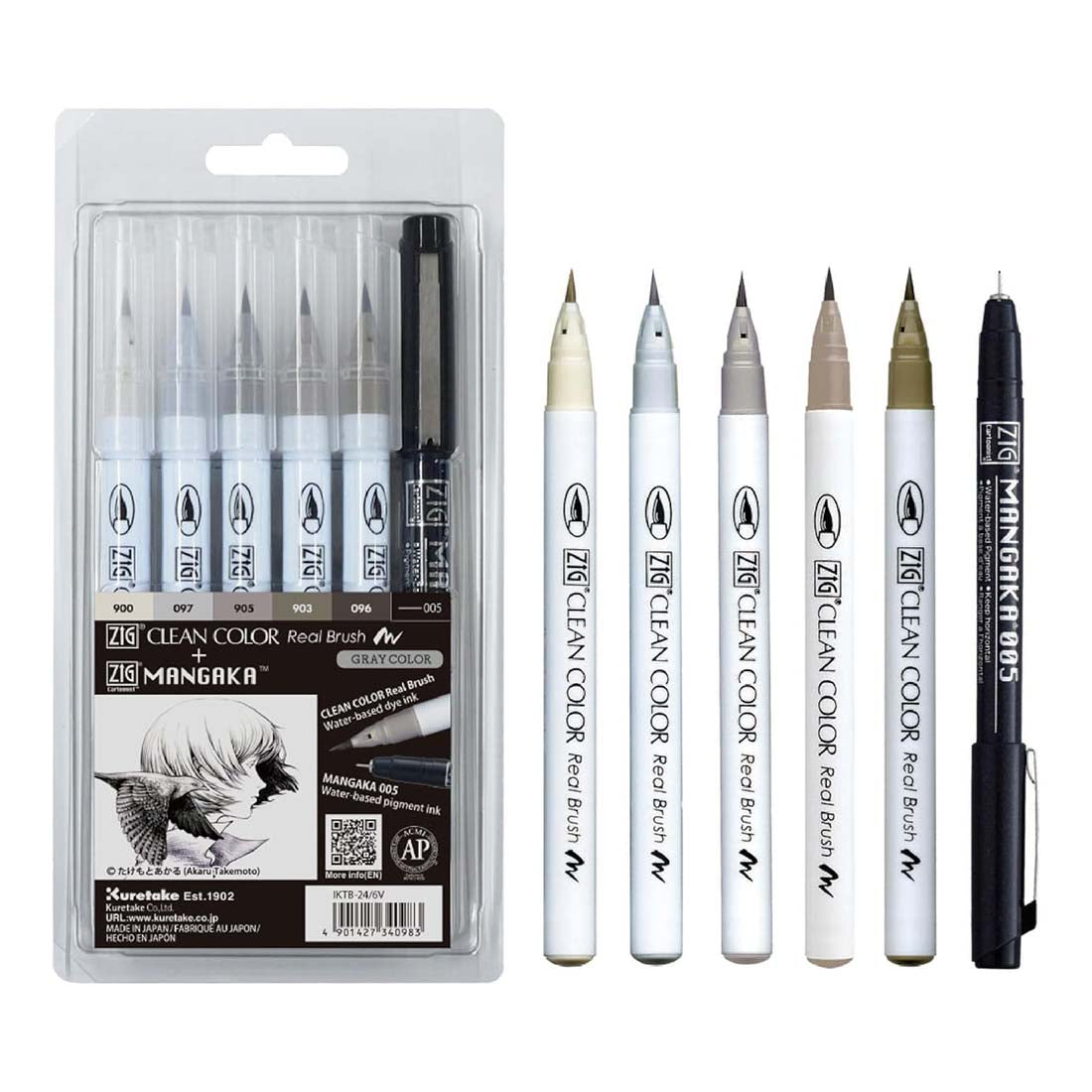 Set of Zig Clean Color Real Brush markers with packaging on a white background