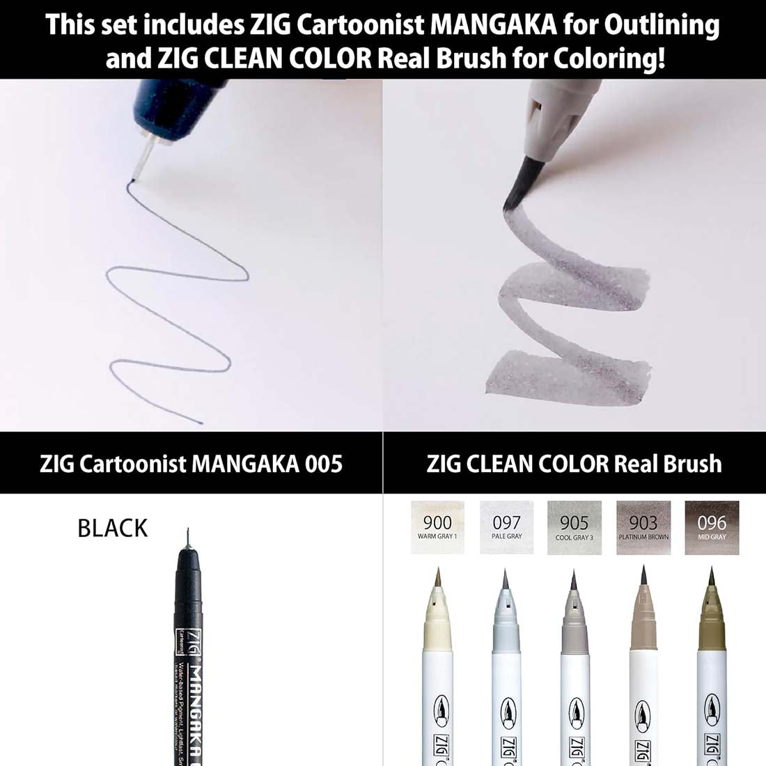 ZIG Clean Color Grey Brush & Mangaka Pen Set