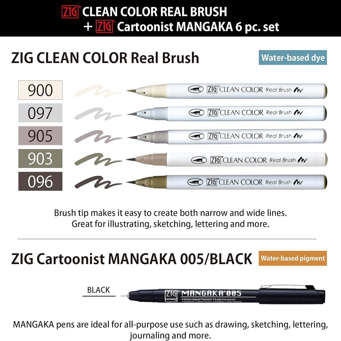 ZIG Clean Color Grey Brush & Mangaka Pen Set