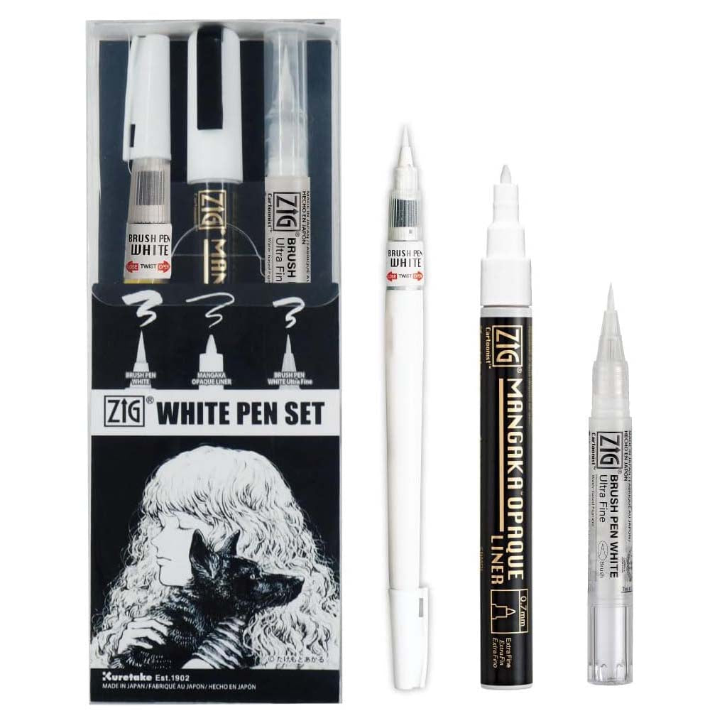Zig White Pen Set with packaging on a white background