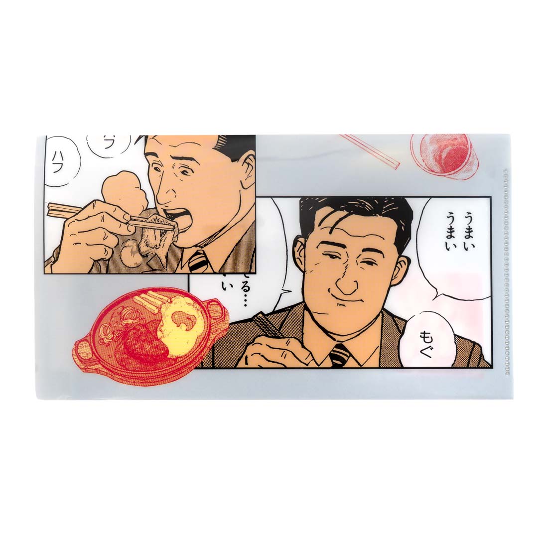Comic-style illustration on a plastic folder of a man eating ramen with close-up shots of the noodles and broth.
