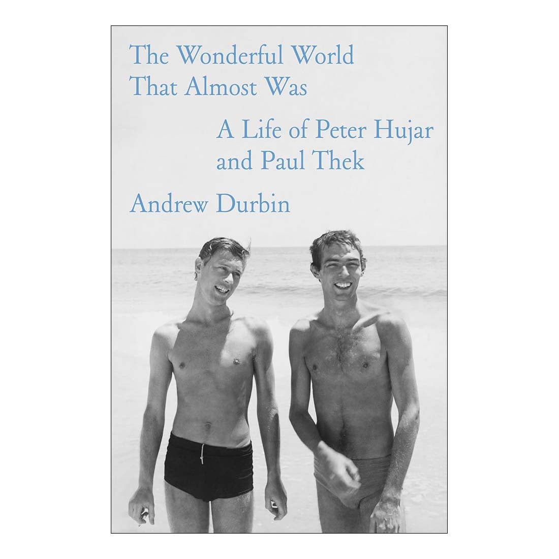 Book cover of 'The Wonderful World That Almost Was: A Life of Peter Hujar and Paul Thek' by Andrew Durbin, featuring a black and white photo of two men on a beach.