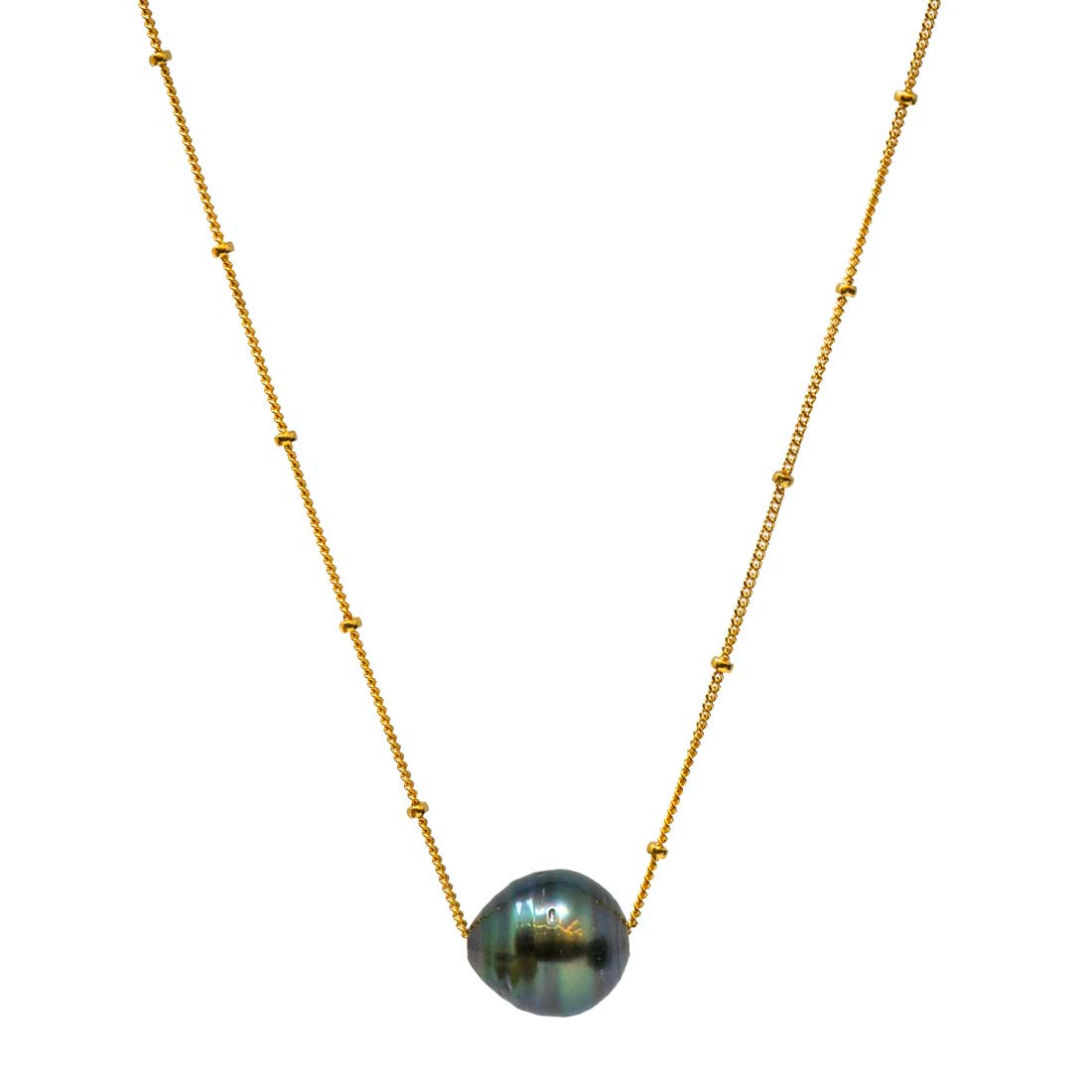 A single Tahitian pearl pendant on a gold-plate dotted chain with a lobster clasp closure.