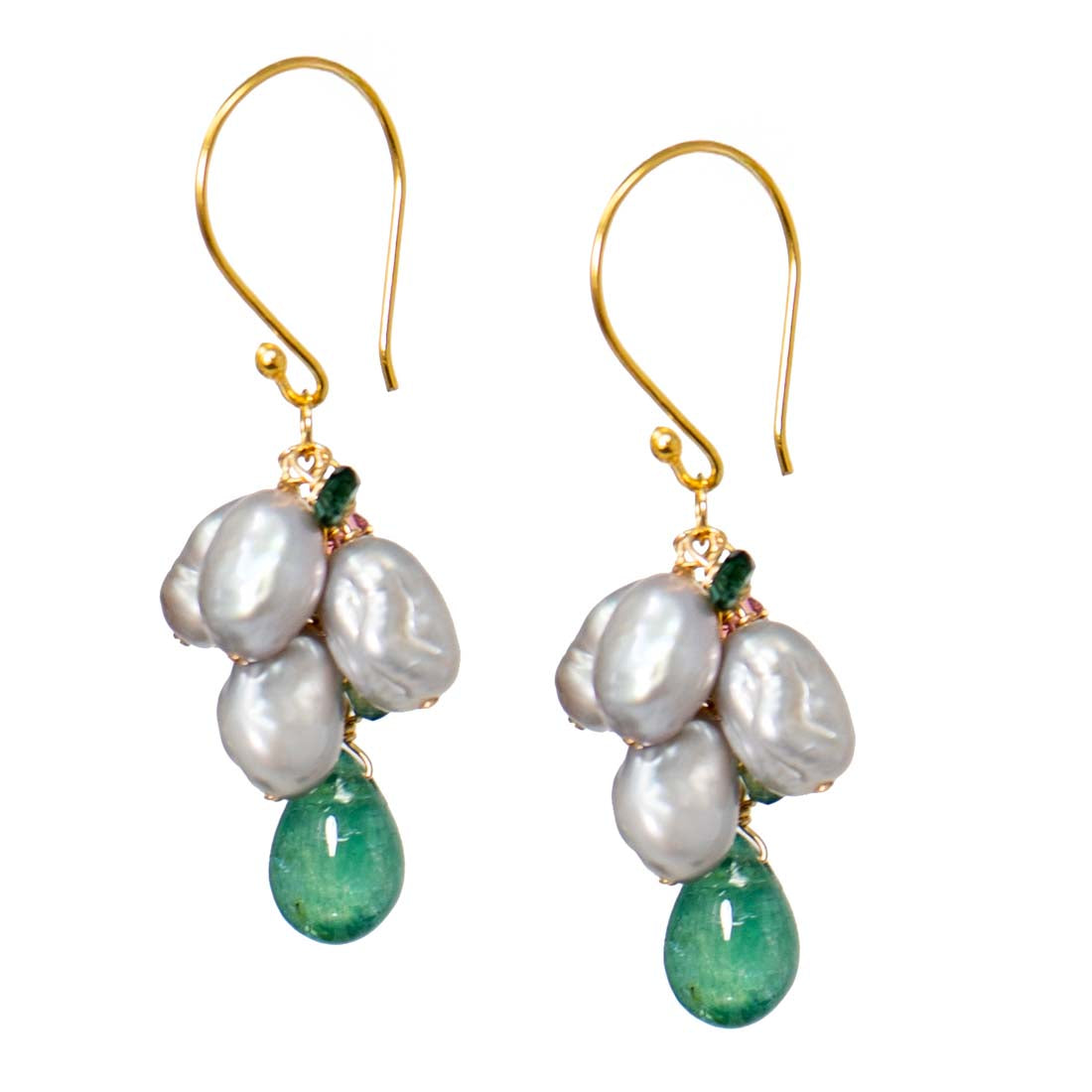 A pair of earrings featuring grey baroque pearls, green grandidierite, and multi-color tourmaline, with gold plated French hooks.