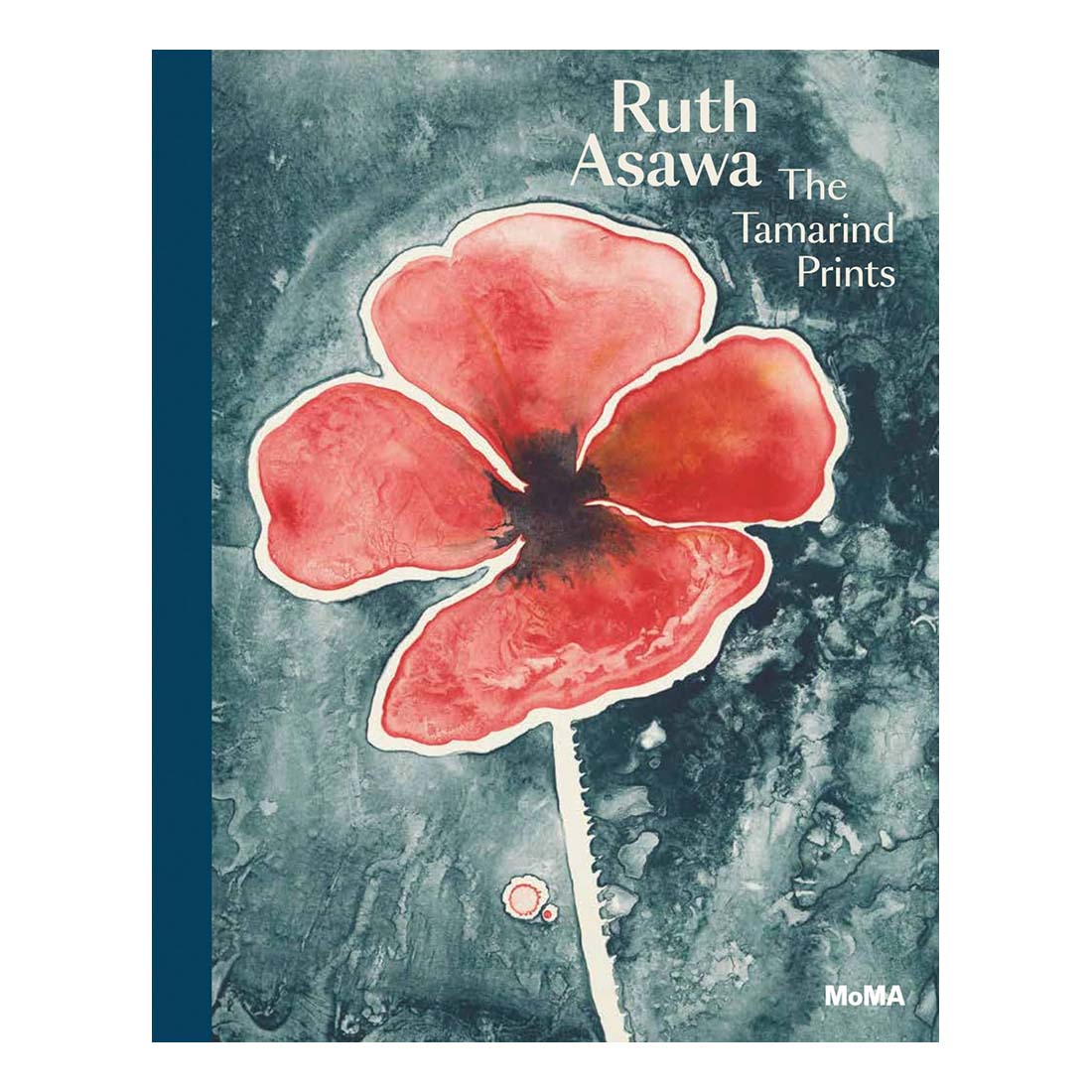 Book cover with a red flower illustration and 'Ruth Asawa: The Tamarind Prints' text on a textured background.