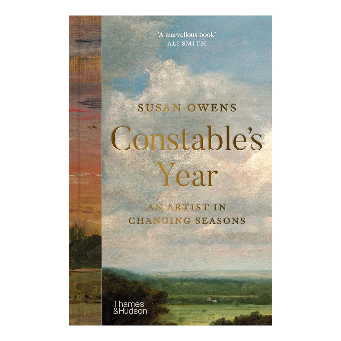Book cover of 'Constable's Year' by Susan Owens with a landscape painting on the background.