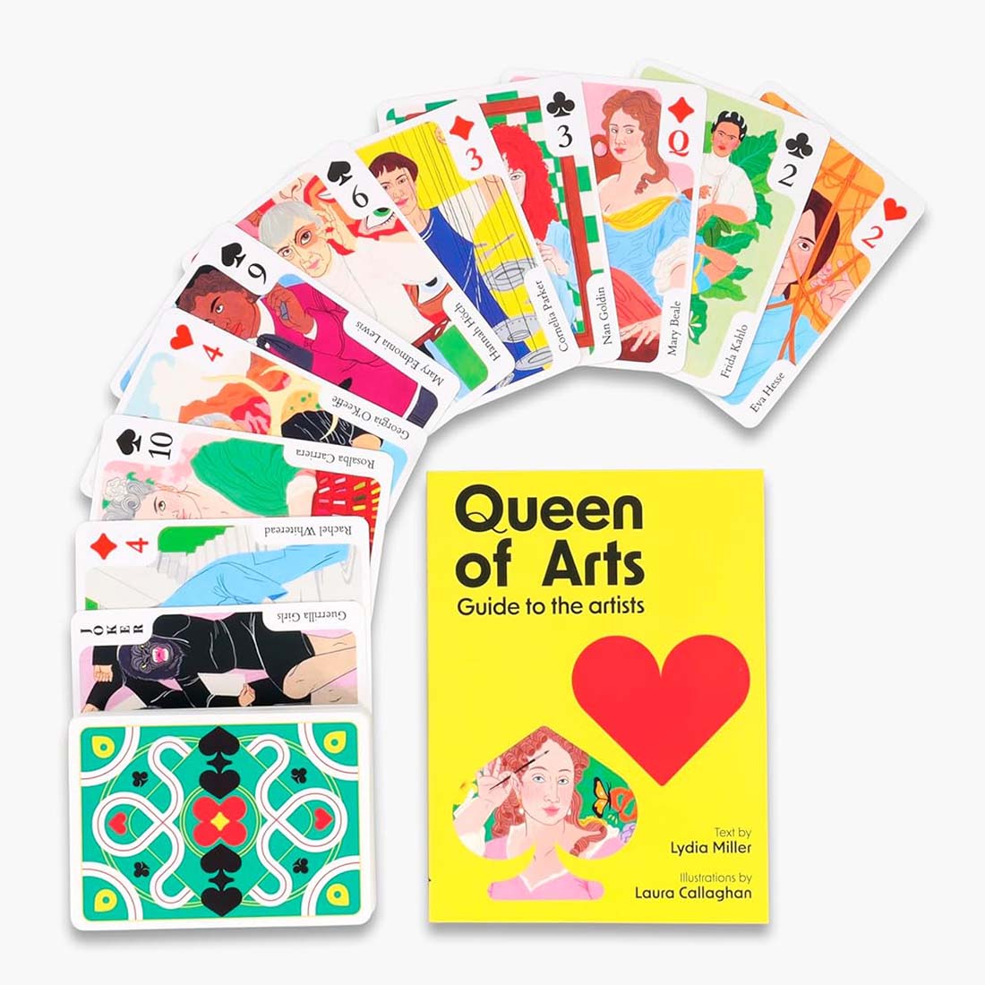 Box of 'Queen of Arts' book and playing cards with colorful illustrations on a turquoise background.