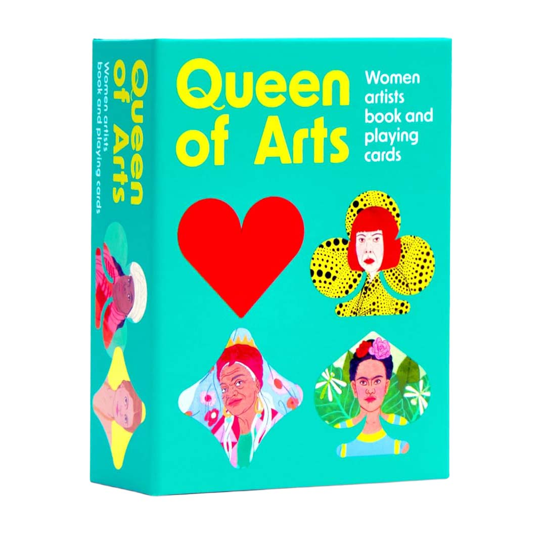 Box of 'Queen of Arts' book and playing cards with colorful illustrations on a turquoise background.