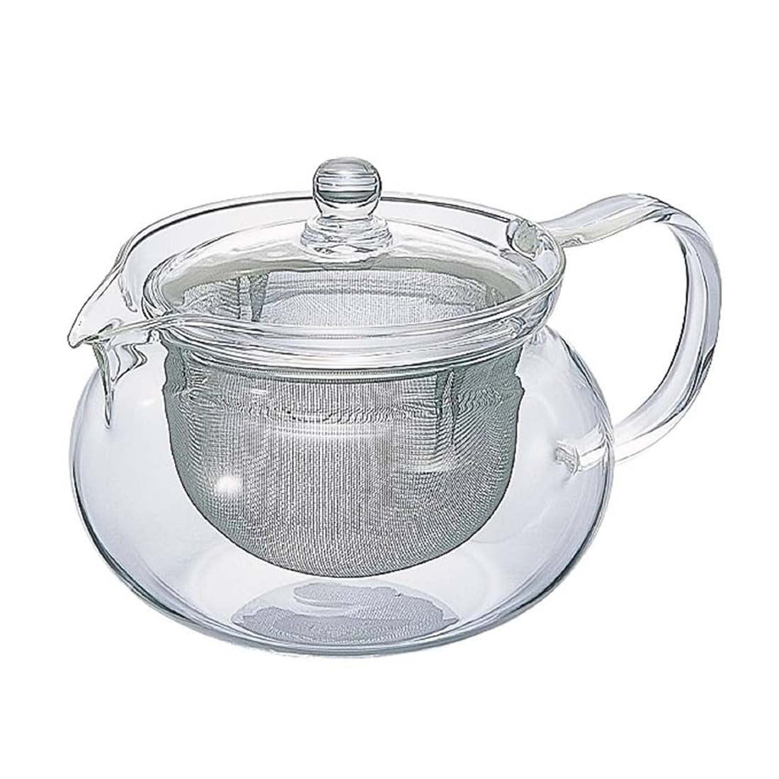 Clear glass teapot with a metal filter on a white background