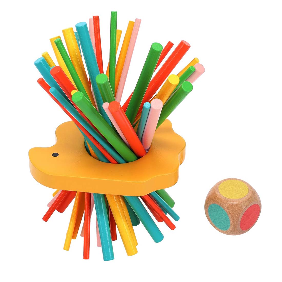 A colorful wooden pick-up sticks game with a hedgehog-shaped holder and a die.
