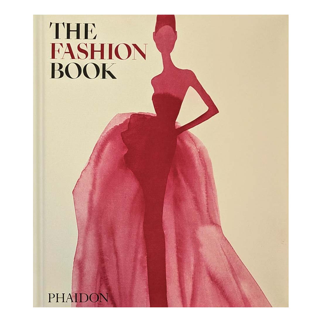Book cover of 'The Fashion Book' by Phaidon with a silhouette of a woman in a red gown.