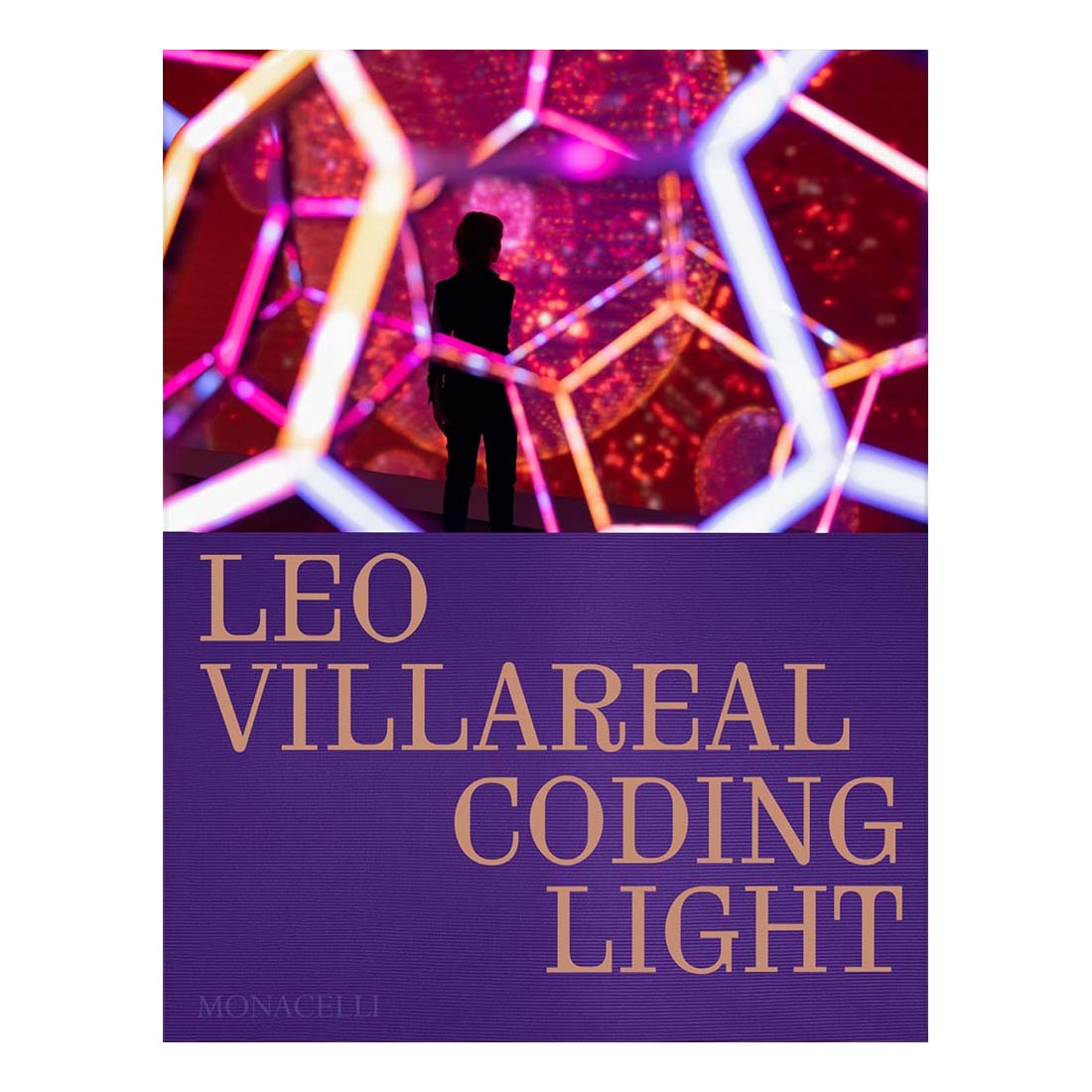 Book cover of 'Coding Light' by Leo Villareal with a silhouette against colorful light design.