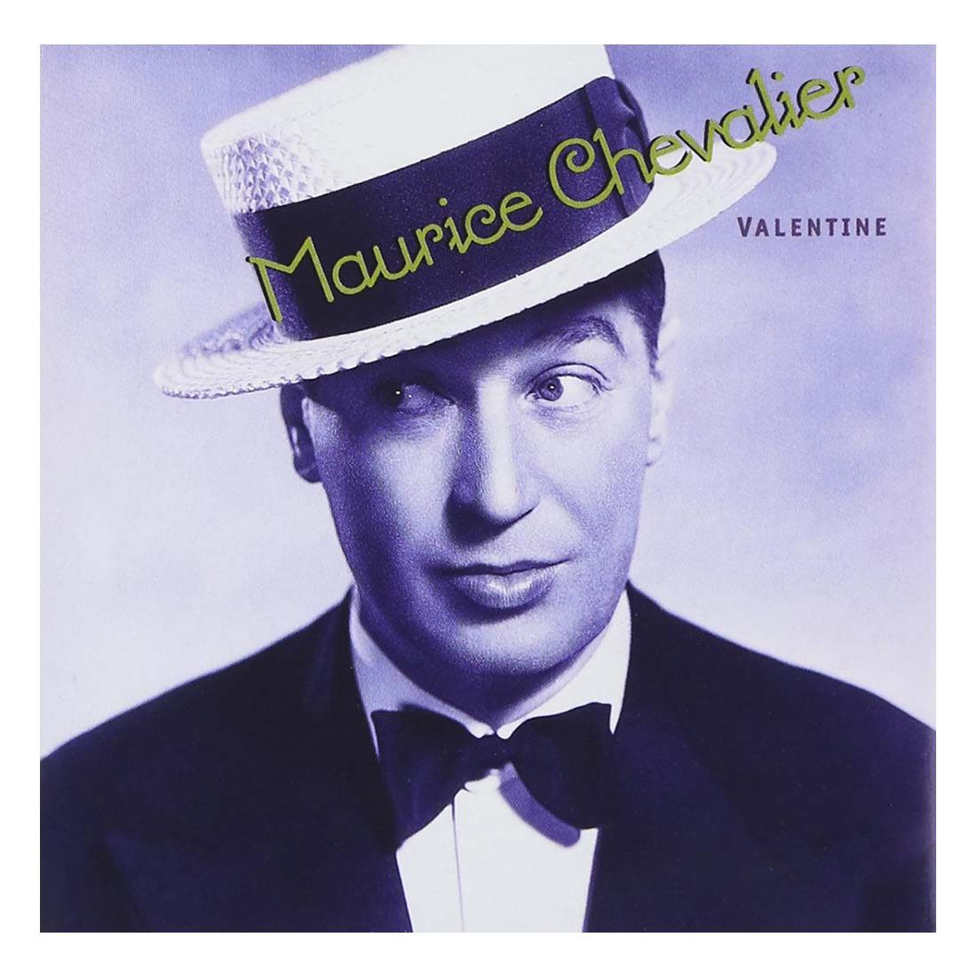 Album cover with a stylized portrait of a man wearing a hat with 'Maurice Chevalier' text, on a purple background.