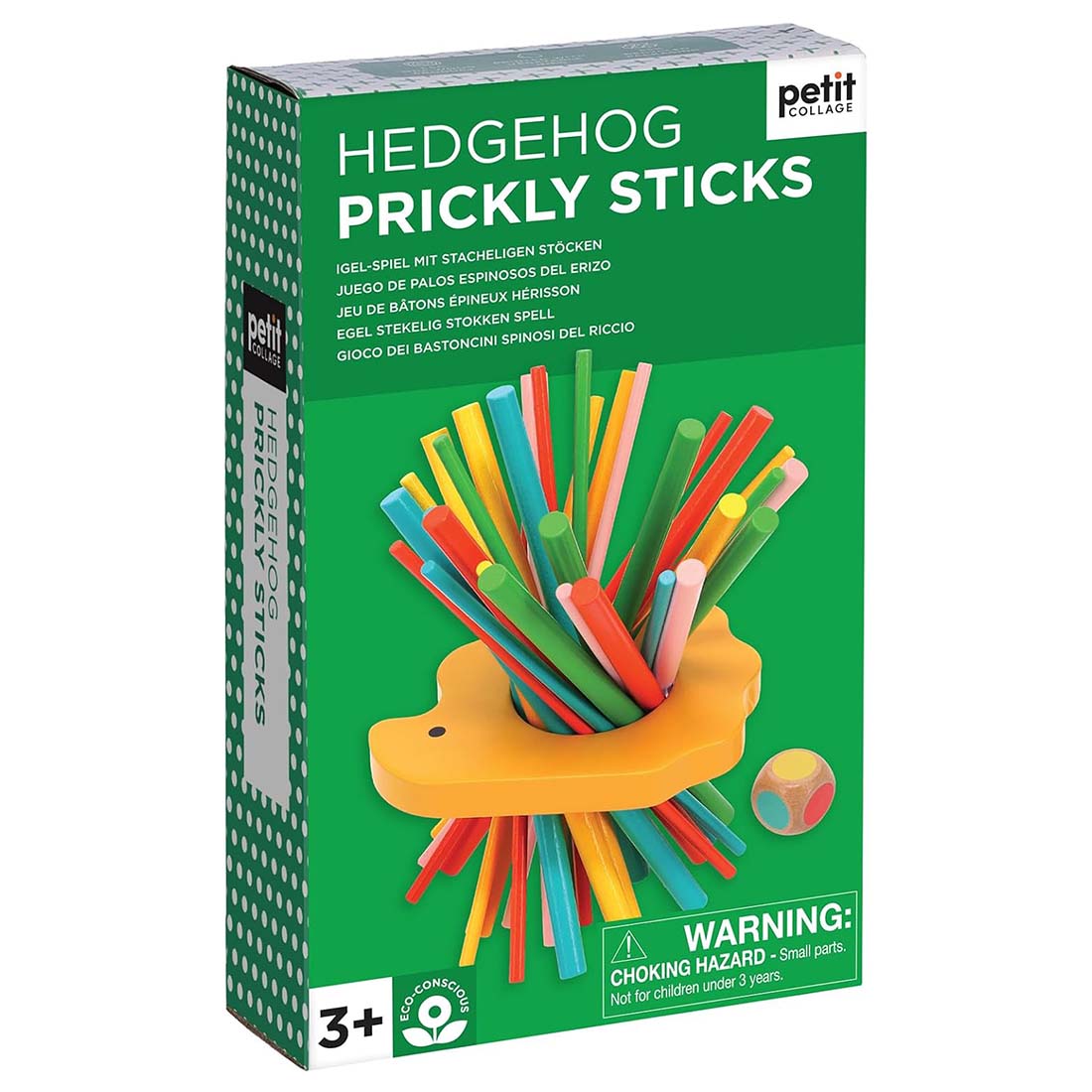 A colorful wooden pick-up sticks game with a hedgehog-shaped holder and a die.