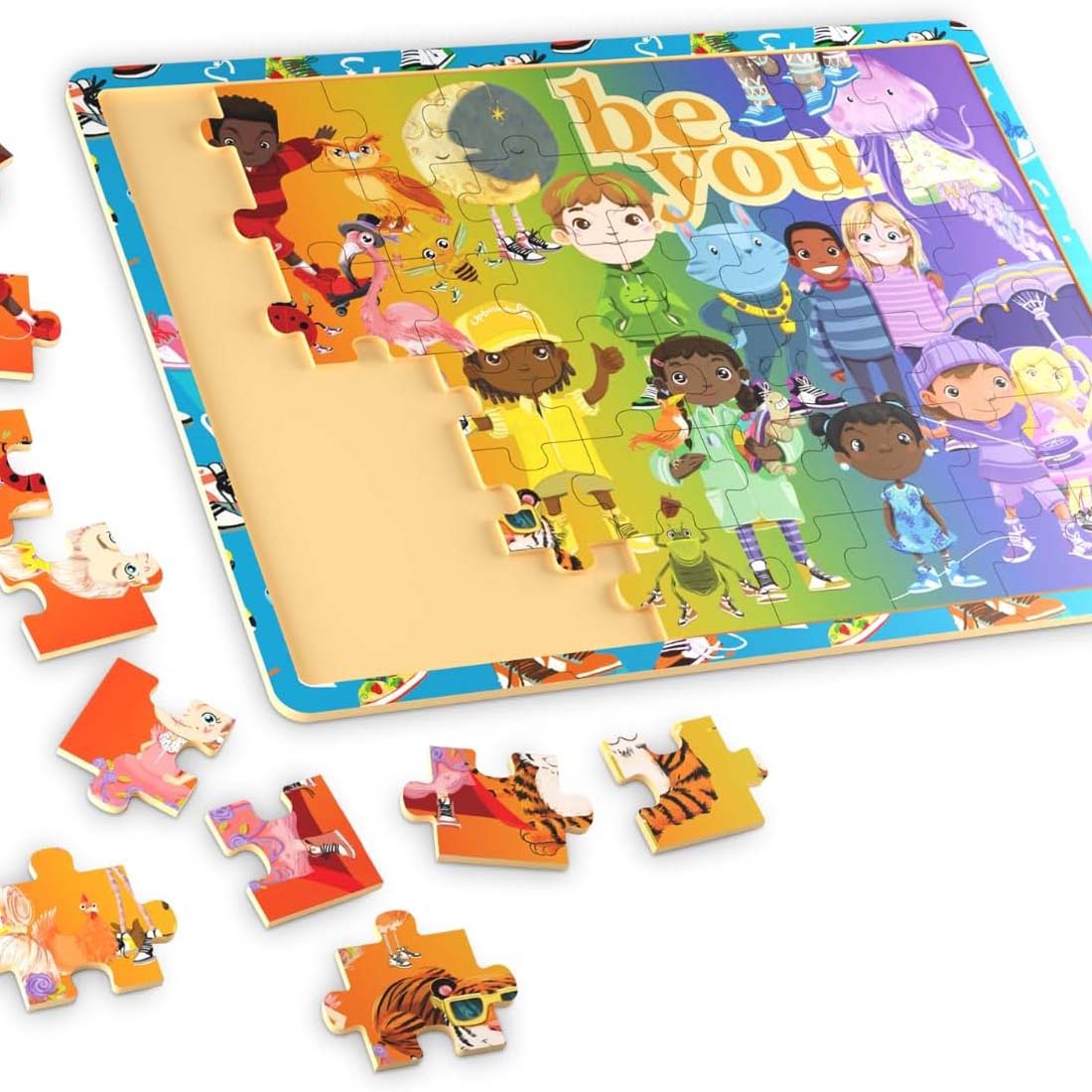 Be You Rainbow Kicks & Zoo Animals Double Sided Wooden Tray Puzzle