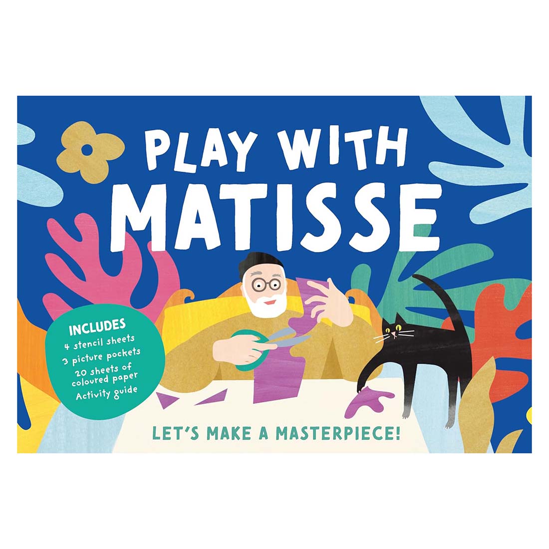 Book cover of 'Play with Matisse' featuring a colorful illustration of a man and a cat.
