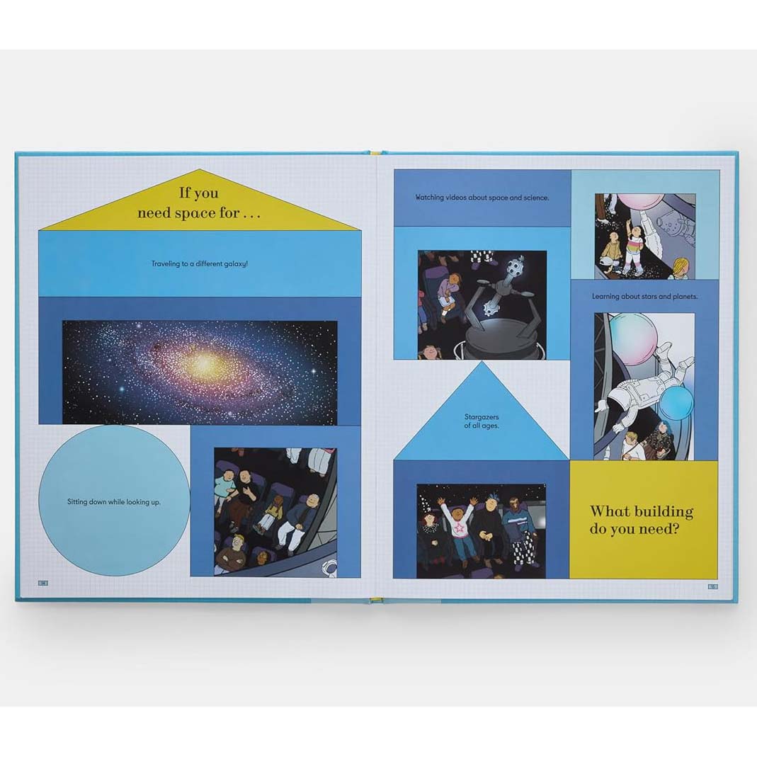 Book cover of 'What's That Building?' with an illustration of a space observatory.