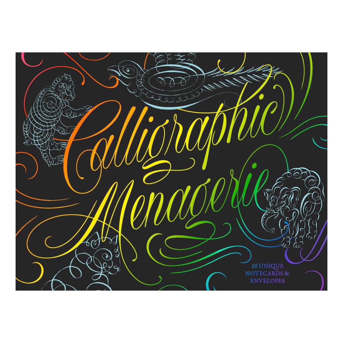 Packaging of 'Calligraphic Menagerie' with colorful calligraphy on a black background
