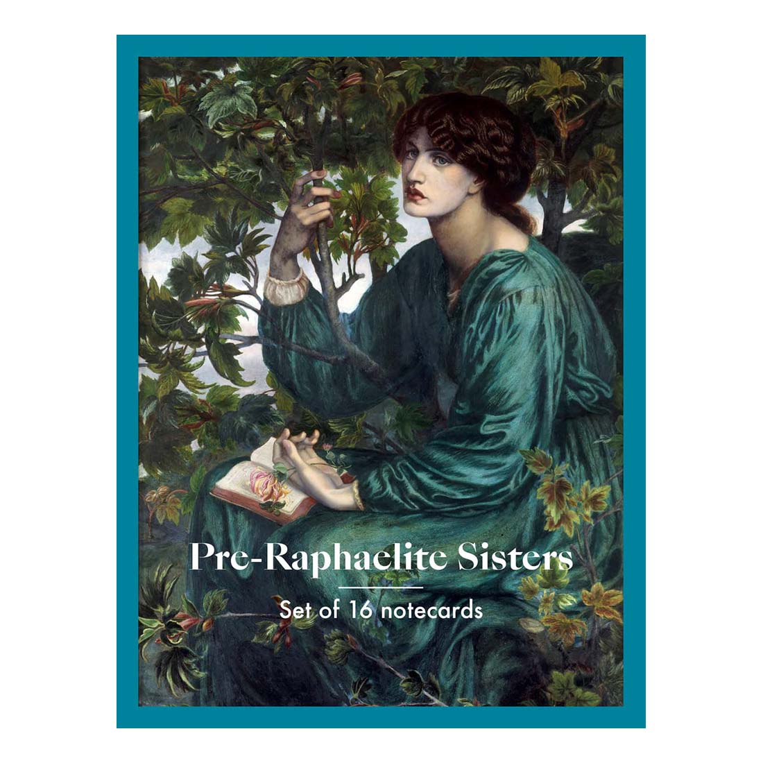 Cover of 'Pre-Raphaelite Sisters' notecards set with a woman in a green dress holding a book and a flower.